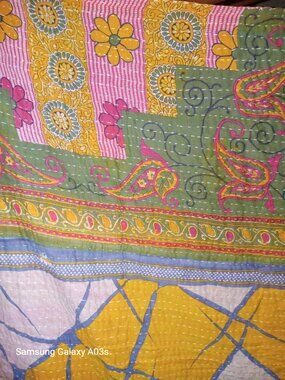 Kantha Quilt Tan Marigold Green Blue 56" x 88" Premium 3 Layer Cotton K165.